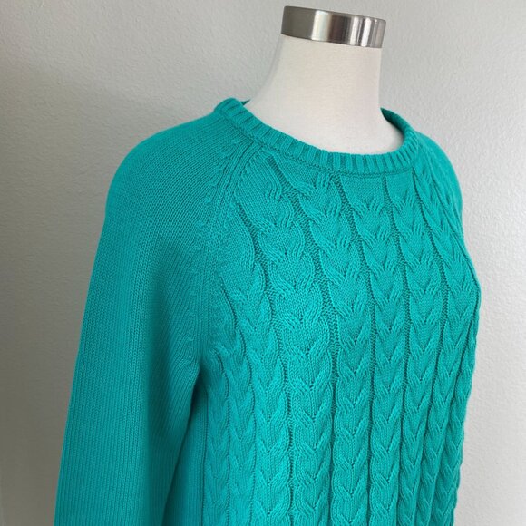 Lands End Drifter Womens XL/P 18 Cable Knit Sweater Cotton Teal Blue Long Sleeve - Picture 2 of 9